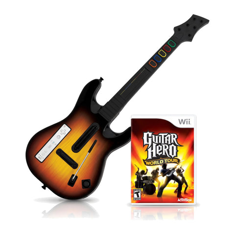 Nintendo Wii Guitar Hero World Tour met gitaar, gitaar met een Wii Remote erin en doos voorkant, Amerikaanse ESRB-uitgave