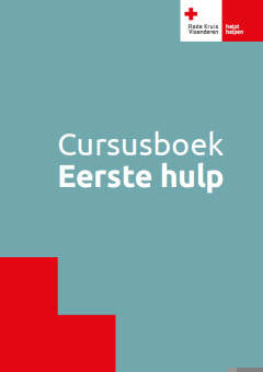 Cursusboek Eerste hulp, Rode Kruis Vlaanderen, grijsblauwe boekomslag voorkant met rode blokken, tweedehands