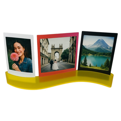 Fujifilm Instax Mini acryl fotohouder voor bureau, geel, kronkelvorm, met drie voorbeeldfoto's