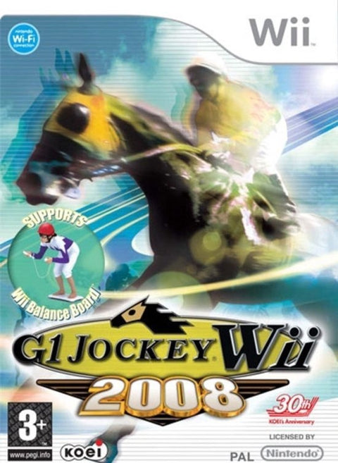 Nintendo Wii G1 Jockey Wii 2008 van Koei, paardenrace, doos voorkant met Franse tekst over de Balance Board, tweedehands