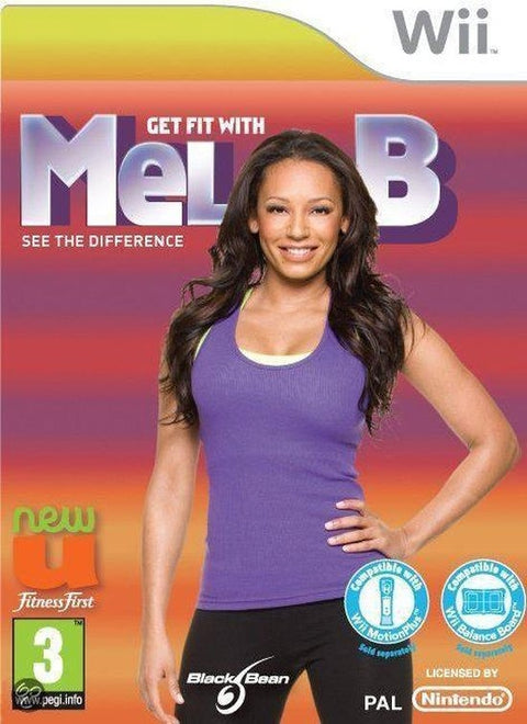 Nintendo Wii Get Fit With Mel B van Black Bean, doos voorkant met Mel B in sportkleding, tweedehands