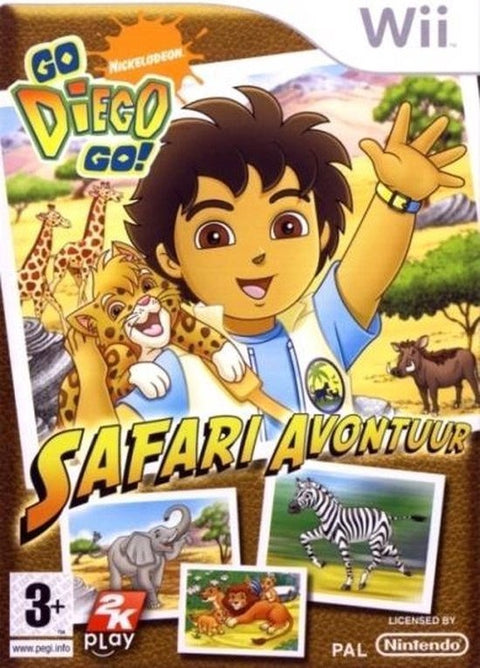 Nintendo Wii Go Diego Go Safari Avontuur van 2K Play, doos voorkant met Diego, jaguar en safaridieren, tweedehands