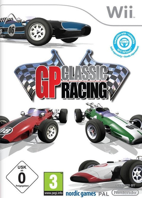 Nintendo Wii GP Classic Racing van Nordic Games, doos voorkant met klassieke raceauto's en USK-label, tweedehands