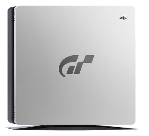 Sony PlayStation 4 Slim console Gran Turismo Sport Limited Edition, zilver met GT-logo, schuin vooraanzicht, tweedehands