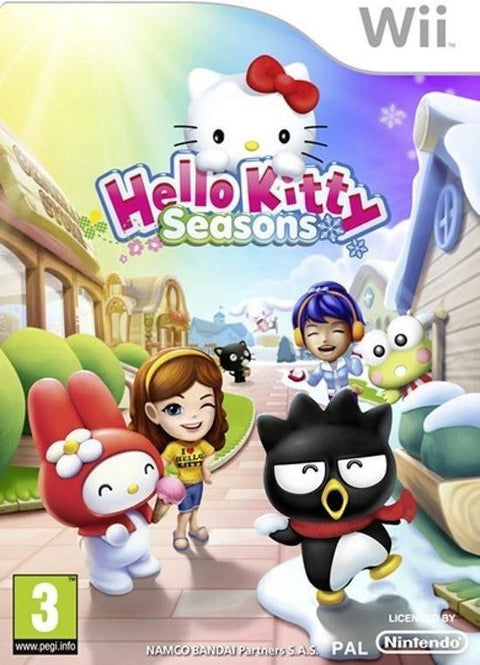 Nintendo Wii Hello Kitty Seasons van Namco Bandai, doos voorkant met Hello Kitty en vriendjes in de sneeuw, tweedehands
