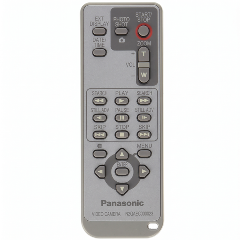 Panasonic N2QAEC000023 afstandsbediening voor camcorder, grijze afstandsbediening met zoom- en afspeelknoppen