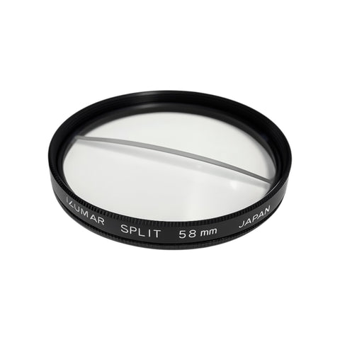 Izumar 58 mm split-field diopter filter, half helder glas met zichtbare scheidingsrand, opdruk Split 58mm Japan