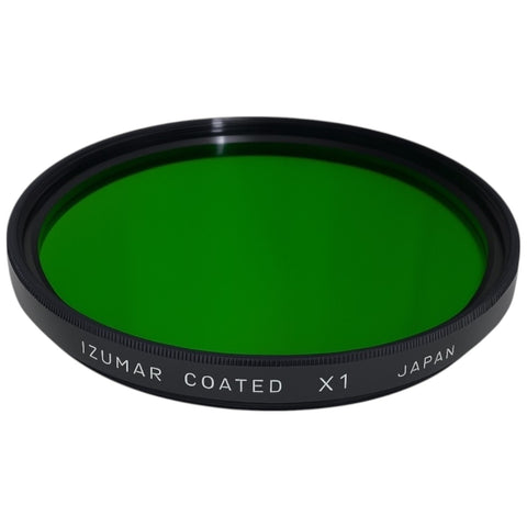 Izumar 77 mm X1 groen coated filter voor zwart-witfotografie, groen glas met opschrift Izumar Coated X1 Japan