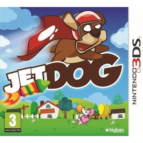 Nintendo 3DS Jet Dog van Bigben, doos voorkant met een vliegende hond met raket, tweedehands