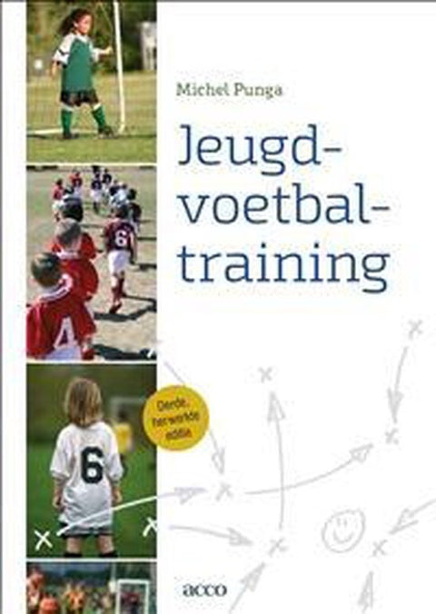 Jeugdvoetbaltraining, Michel Punga, boekomslag voorkant met een jonge voetballer en een tactiekschema, tweedehands