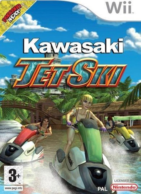 Nintendo Wii Kawasaki Jet Ski, doos voorkant met waterscooters op een rivier in de jungle, tweedehands