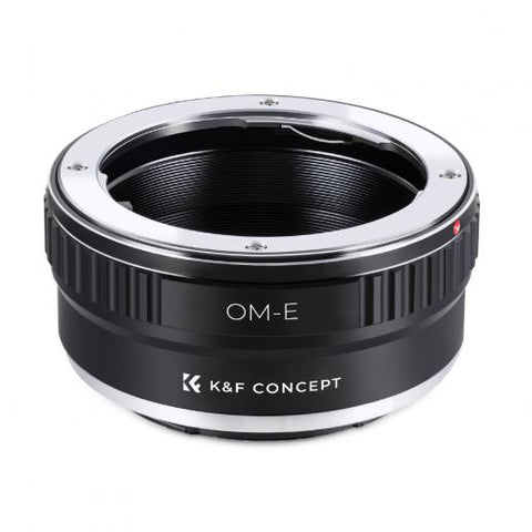 K&F Concept lensadapter Olympus OM naar Sony E, zwart met zilver, vooraanzicht