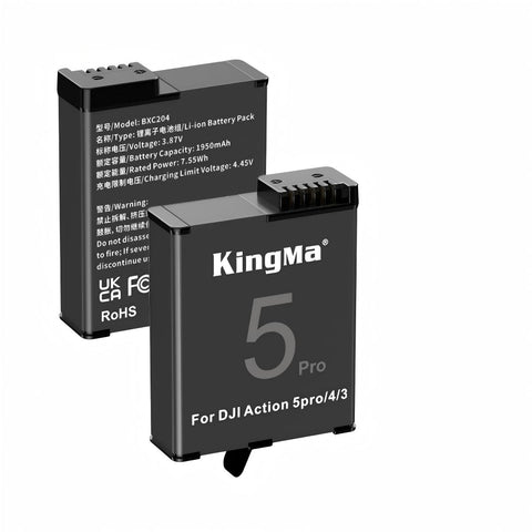 KingMa accu voor DJI Osmo Action 3, 4 en 5 Pro 1950mAh, zwart, twee accu's met voorkant en etiket op de achterkant