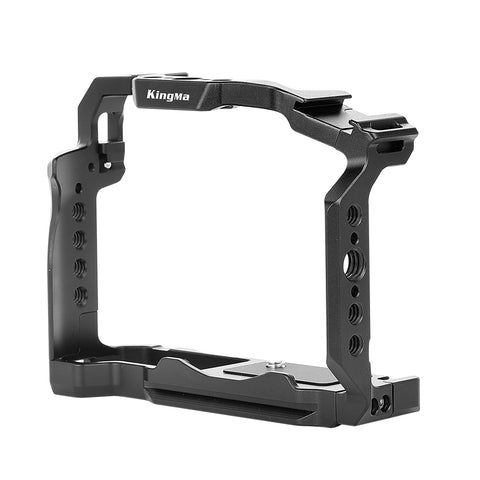 KingMa camera cage voor Canon EOS R50, zwart metaal, schuin van voren met schroefgaten en coldshoe
