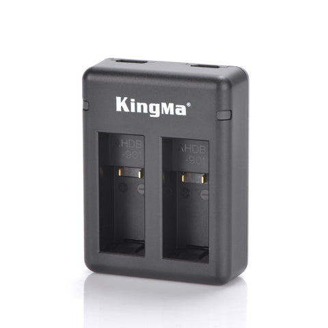 KingMa dubbele USB-lader voor GoPro HERO 9 en 10, zwart, voorkant met twee lege laadvakken