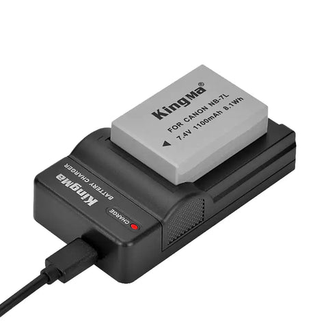 KingMa USB-lader voor Canon NB-7L, zwart, met een NB-7L-accu erin en aangesloten kabel
