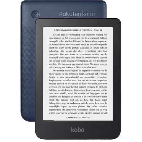 Kobo Clara 2E e-reader 6 inch, blauw, voor- en achterkant met tekstpagina op het scherm