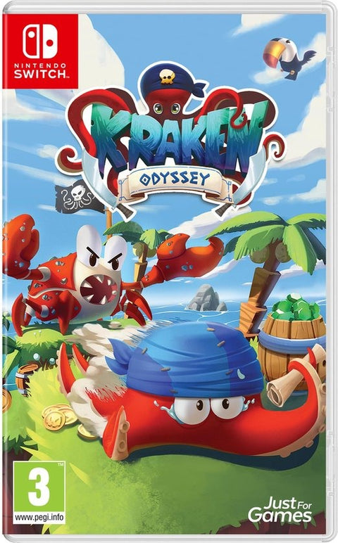 Nintendo Switch Kraken Odyssey, doos voorkant met een piratenoctopus en een rode krab