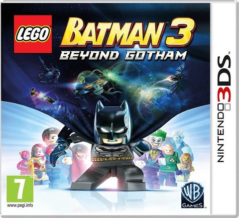 Nintendo 3DS LEGO Batman 3 Beyond Gotham van WB Games, doos voorkant met Batman en superhelden als LEGO-figuren, tweedehands
