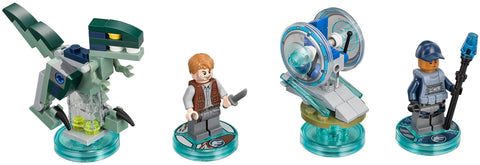 LEGO Dimensions Team Pack 71205 Owen Grady en ACU Trooper, de velociraptor, gyrosphere en minifiguren op toy tags