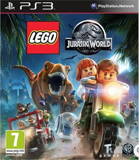 PlayStation 3 LEGO Jurassic World van WB Games, doos voorkant met LEGO-figuren op motor en dinosaurus, tweedehands