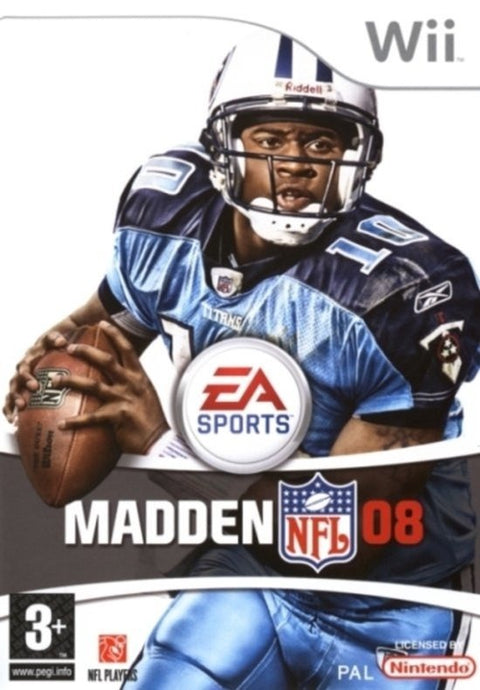 Nintendo Wii Madden NFL 08 van EA Sports, doos voorkant met quarterback in lichtblauw shirt, tweedehands