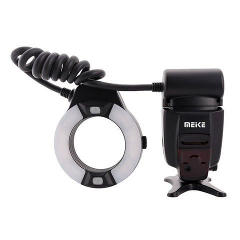 Meike MK-14EXT macro ringflitser voor Nikon, zwart, flitsring met krulsnoer en bedieningsunit, zijkant