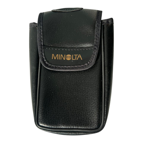 Minolta leren vintage 35mm camera case 15 x 7 cm, zwart met klep en Minolta-logo