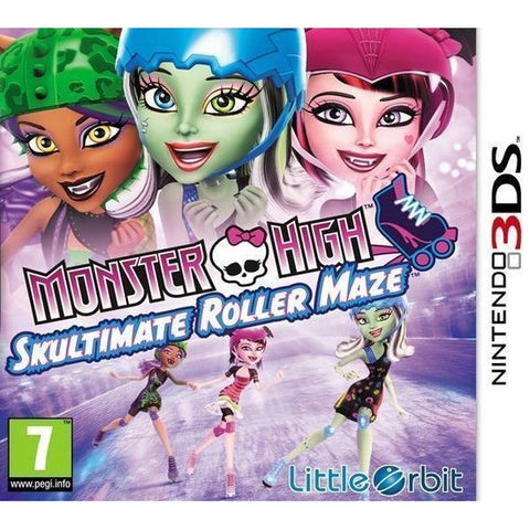 Nintendo 3DS Monster High Skultimate Roller Maze van Little Orbit, doos voorkant met rolschaatsende poppen, tweedehands