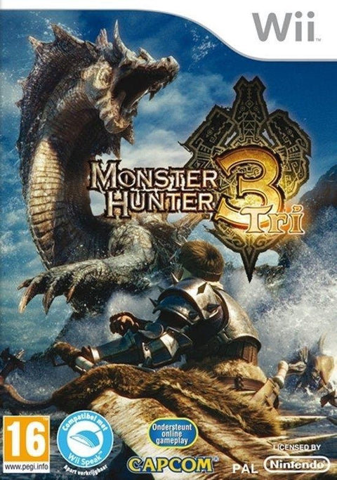 Nintendo Wii Monster Hunter Tri van Capcom, doos voorkant met zeedraak en jager, Franse tekst, tweedehands