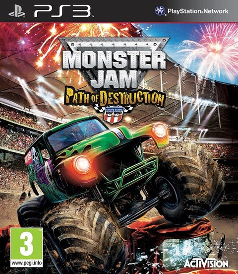 PlayStation 3 Monster Jam Path of Destruction van Activision, doos voorkant met groene monstertruck, tweedehands