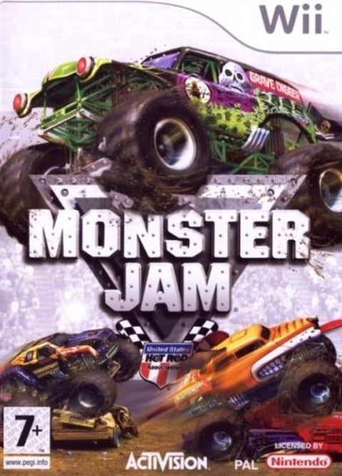 Nintendo Wii Monster Jam van Activision, doos voorkant met monstertrucks en Grave Digger, tweedehands