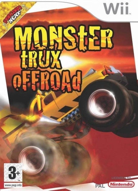 Nintendo Wii Monster Trux Offroad, racespel, doos voorkant met gele monstertruck, tweedehands