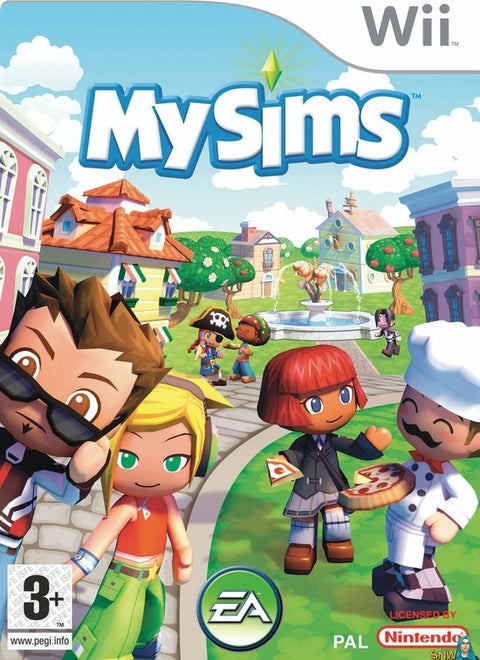 Nintendo Wii MySims van EA, doos voorkant met Sims op een dorpsplein, tweedehands