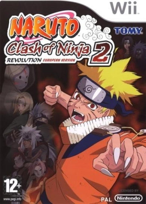 Nintendo Wii Naruto Clash of Ninja Revolution 2 van Tomy, doos voorkant met vechtende Naruto, tweedehands