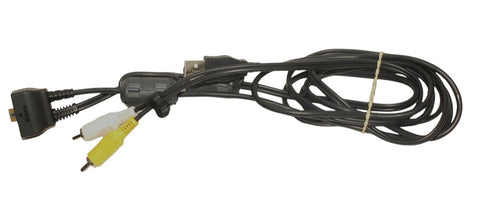 Nikon AV/USB kabel, zwart, met multi-connector, USB-stekker en gele en witte tulpstekkers, opgerold, tweedehands