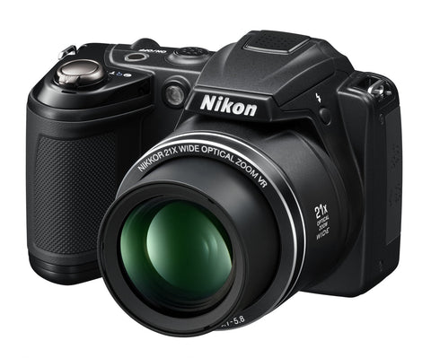 Nikon Coolpix L310 bridgecamera, zwart, schuin van voren met 21x Nikkor-zoomlens, tweedehands