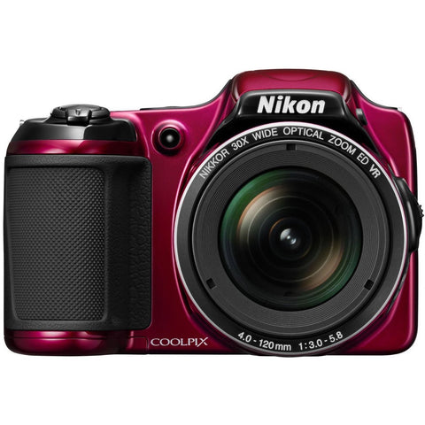 Nikon Coolpix L820 digitale bridgecamera, rood, voorkant met 30x zoomlens, tweedehands