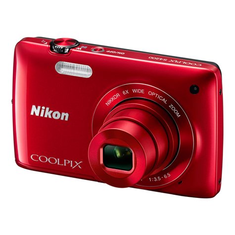 Nikon Coolpix S4200 digitale compactcamera, rood, schuin van voren met 6x Nikkor-zoomlens, tweedehands