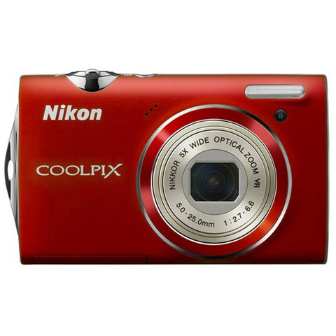 Nikon Coolpix S5100 digitale compactcamera, rood, voorkant met 5x Nikkor-zoomlens, tweedehands