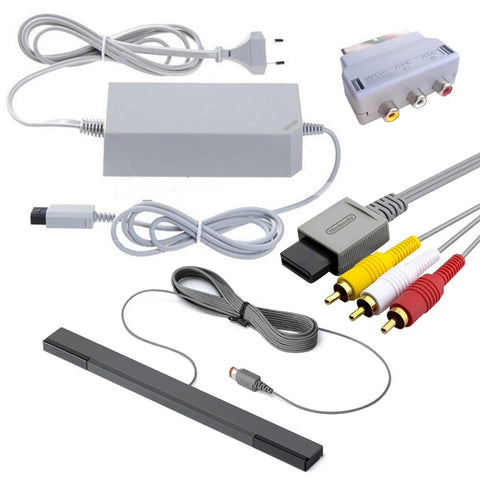 Nintendo Wii kabelset, overzicht van de onderdelen met stroomadapter, sensorbar, AV-kabel en scartblok, tweedehands