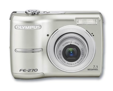 Olympus FE-270 digitale compactcamera, zilver, voorkant met 3x zoomlens, tweedehands
