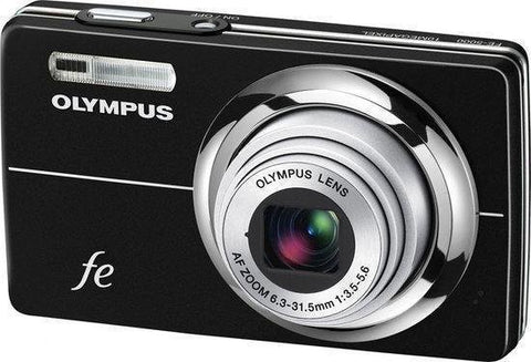 Olympus FE-5000 digitale compactcamera, zwart, voorkant met 5x zoomlens, tweedehands