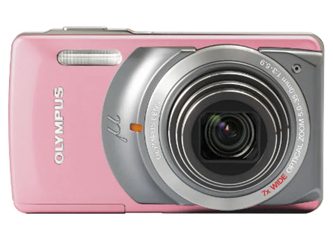 Olympus mju-7010 digitale compactcamera, roze, voorkant met 7x groothoekzoomlens