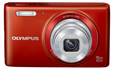 Olympus VG-180 digitale compactcamera, rood, voorkant met 5x groothoekzoomlens, tweedehands