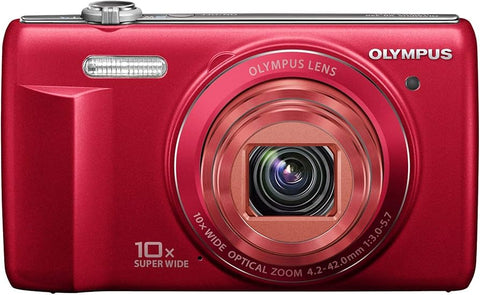 Olympus VR-340 digitale compactcamera, rood, voorkant met 10x zoomlens