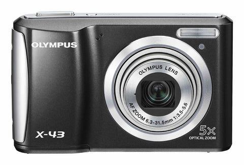 Olympus X-43 digitale compactcamera, zwart, voorkant met 5x zoomlens, tweedehands