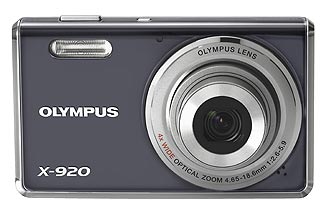 Olympus X-920 digitale compactcamera, grijs, voorkant met 4x zoomlens, tweedehands