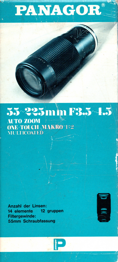 Panagor-Telezoom 55–225mm F/3.5–4.5 met One-Touch Macro voor Olympus OM (Nieuw)