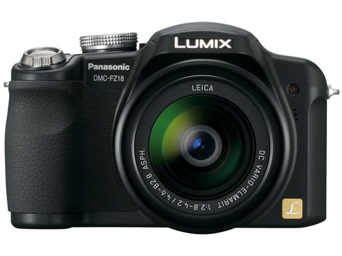 Panasonic Lumix DMC-FZ18 digitale bridgecamera, zwart, voorkant met Leica DC Vario-Elmarit-lens, tweedehands